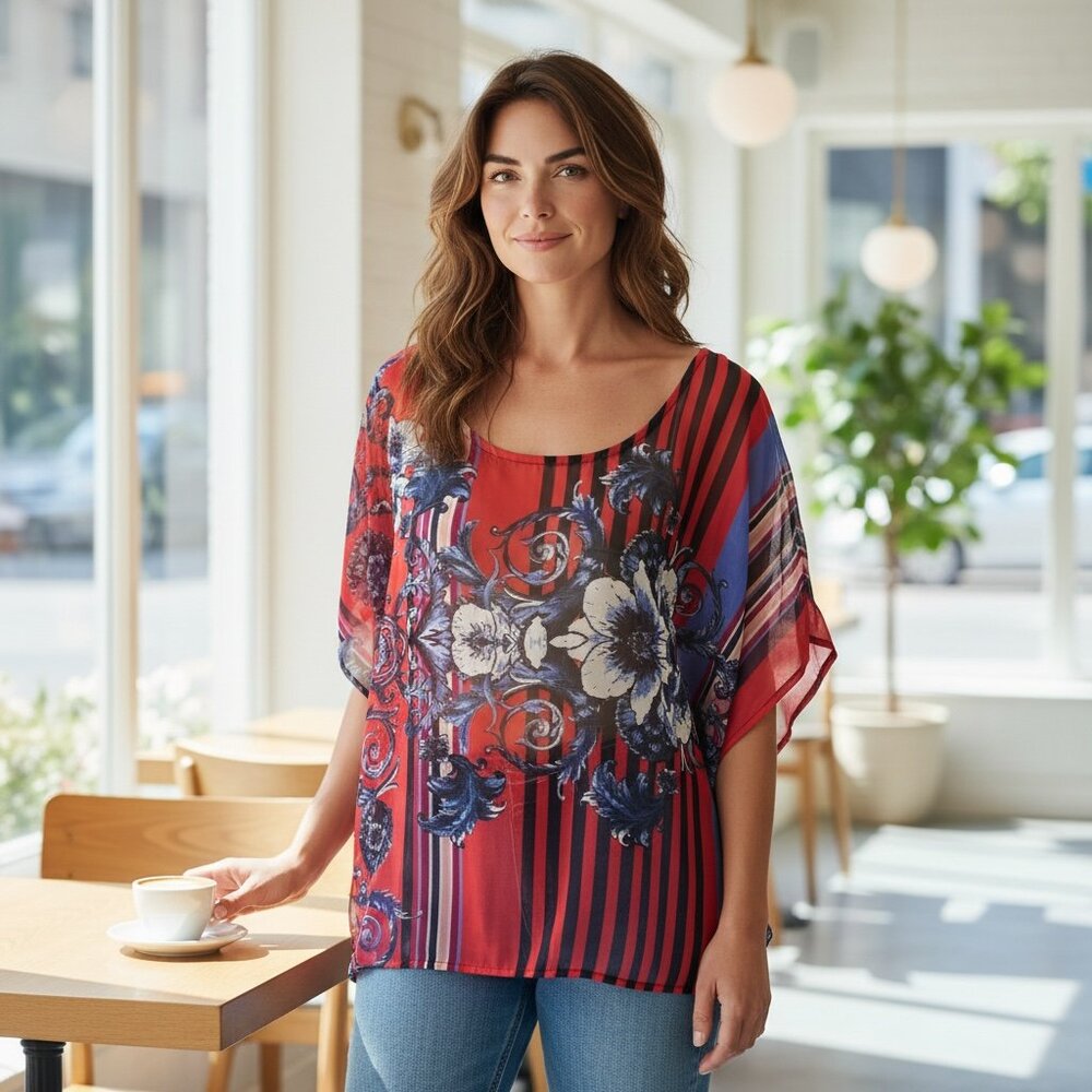 Allen B Sheer Top Womens Sz L Pink Multicolor Floral #224E‎